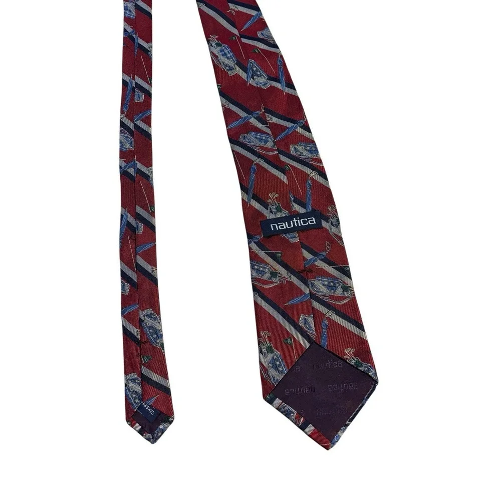 Nautica Striped Golf Bag Print Silk Tie‎ Vintage
